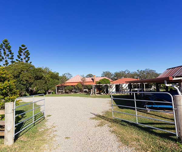 A white single storey house with red roof and a steel gate and gravel road